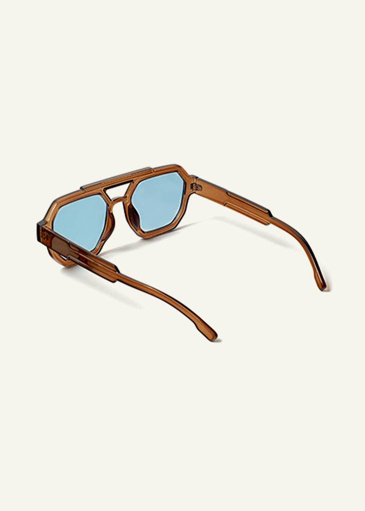 sybaria; sybaria sunglasses; LUGANO sunglasses (MOCHA & BLUE); Aviator Geometric; Aviator Geometric luxury; premium unisex eyewear; ultralight polycarbonate eyewear; Blue UV400 lenses; high fashion eyewear; chromotherapy eyewear;