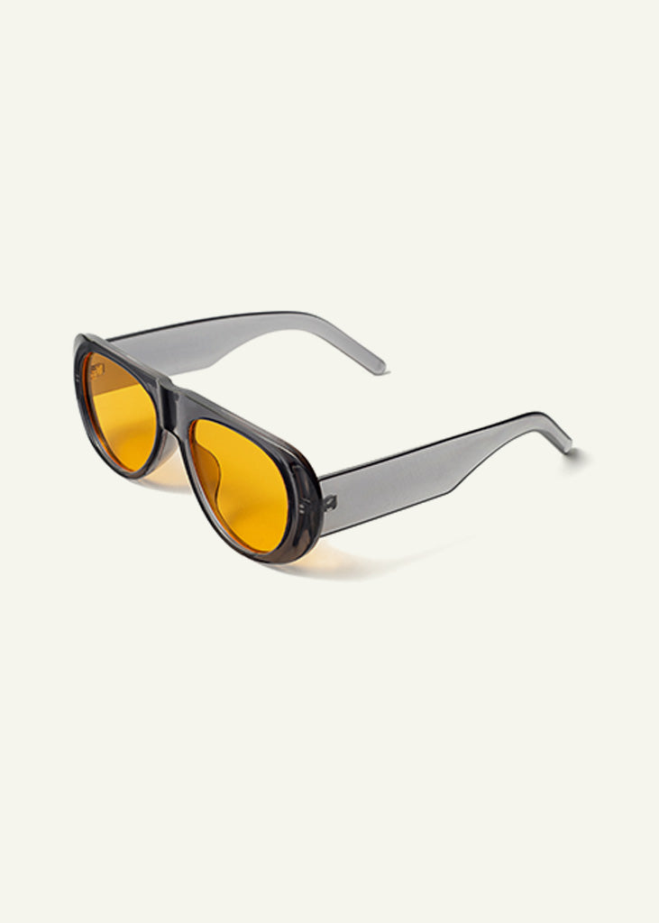 sybaria; sybaria sunglasses; SOLFERINO sunglasses (GRAY & MANGO); Rounded + Aviator; Rounded + Aviator luxury; premium unisex eyewear; ultralight polycarbonate eyewear; mango UV400 lenses; high fashion eyewear; chromotherapy eyewear;