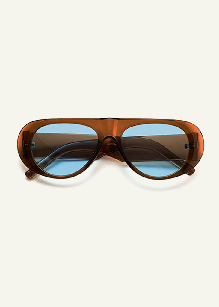 sybaria; sybaria sunglasses; SOLFERINO sunglasses (MOCHA & SKY BLUE); Rounded & Aviator; Rounded & Aviator luxury; premium unisex eyewear; ultra-light polycarbonate eyewear; sky blue UV400 lenses; high-fashion eyewear; chromotherapy eyewear;