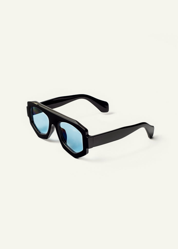 sybaria; sybaria sunglasses; SPARTACO sunglasses (BLACK & BLUE); Oversized & Oval; Oversized & Oval luxury; premium unisex eyewear; ultra-light polycarbonate eyewear; UV400 blue lenses; high-fashion eyewear; chromotherapy eyewear;