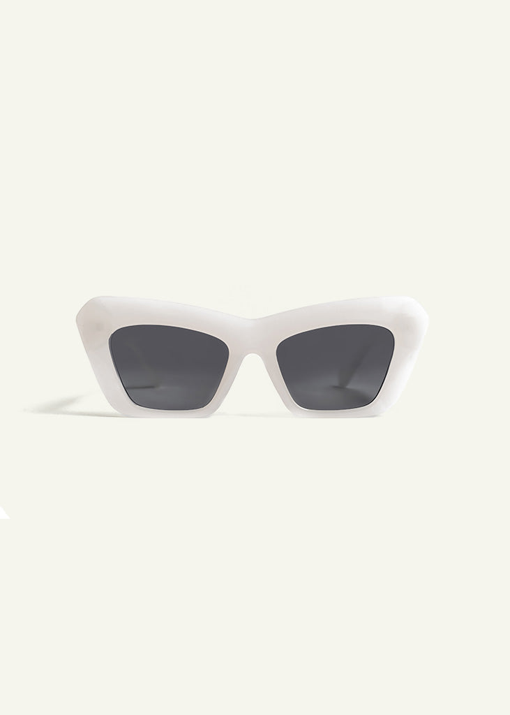 sybaria; sybaria sunglasses; CAPRI sunglasses (WHITE & SMOKE); Cat eye; Luxury cat eye; premium unisex eyewear; ultra-lightweight polycarbonate eyewear; Smoke UV400 lenses; high fashion eyewear; chromotherapy eyewear;
