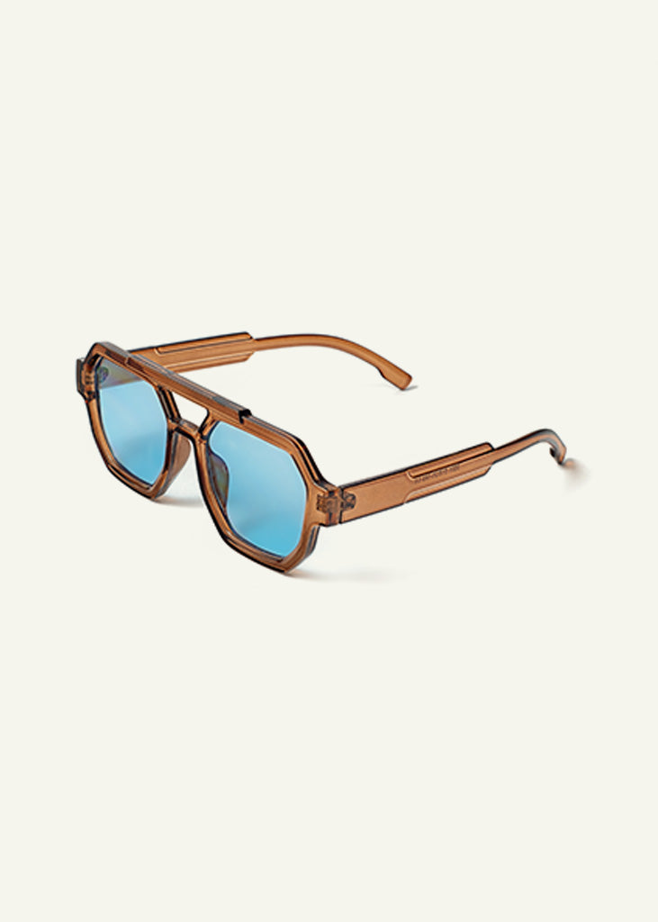 sybaria; sybaria sunglasses; LUGANO sunglasses (MOCHA & BLUE); Aviator Geometric; Aviator Geometric luxury; premium unisex eyewear; ultralight polycarbonate eyewear; Blue UV400 lenses; high fashion eyewear; chromotherapy eyewear;